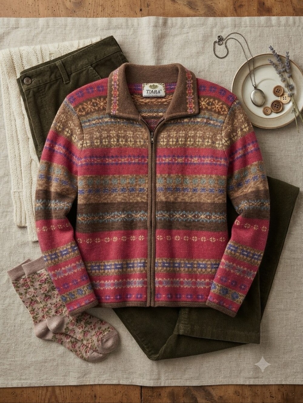 Y2K Tiara International Brown Tan Red Nordic Print Zip Up Sweater